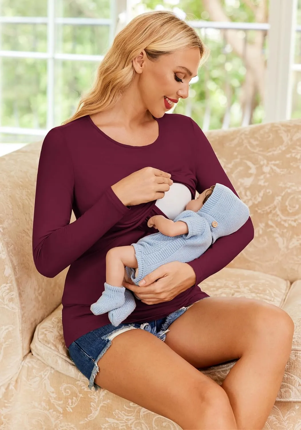 Ekouaer Women 3 Packs Nursing Shirts Long Sleeve Maternity Tops Double Layer Breastfeeding Tees Round Neck Pregnancy Blouse