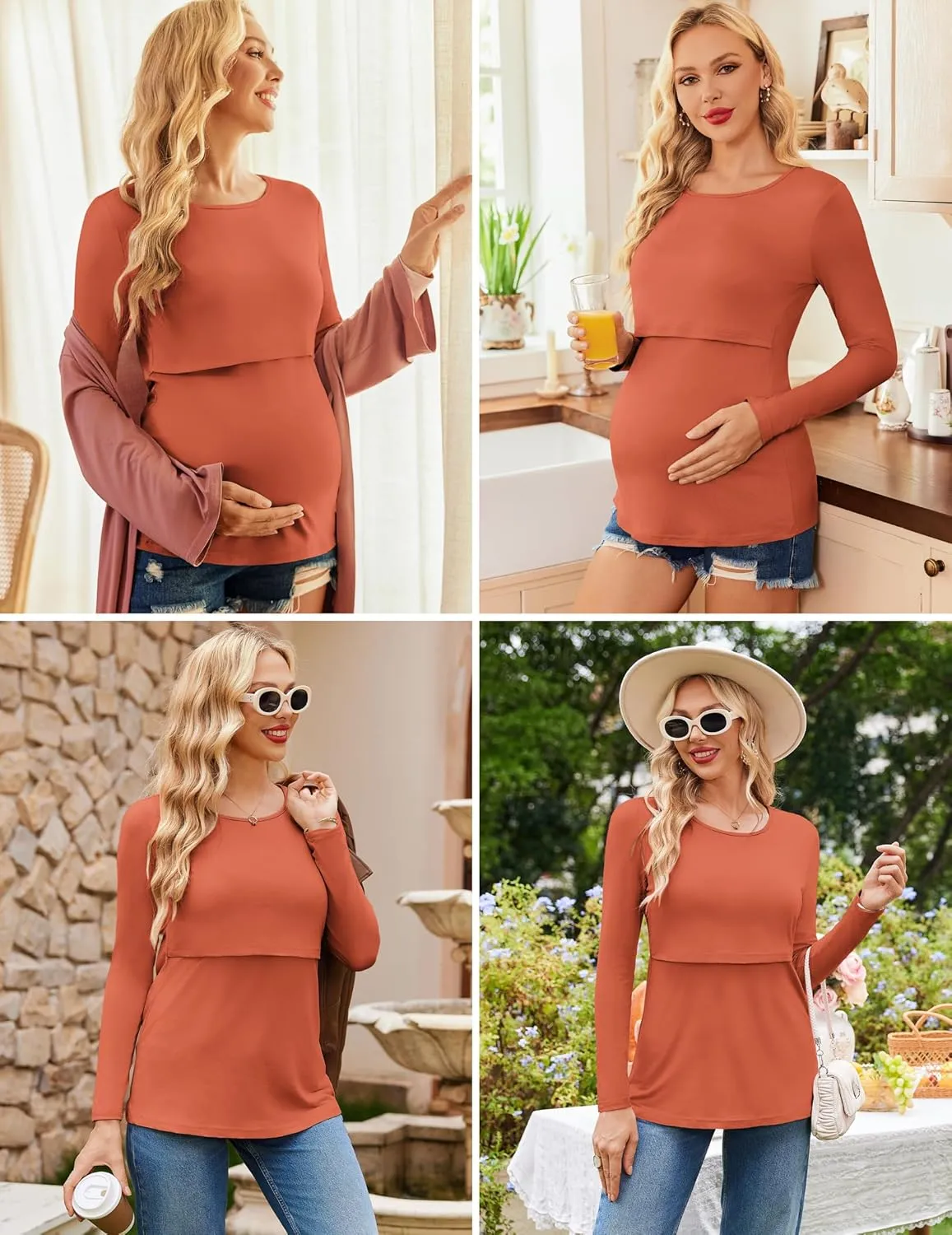 Ekouaer Women 3 Packs Nursing Shirts Long Sleeve Maternity Tops Double Layer Breastfeeding Tees Round Neck Pregnancy Blouse