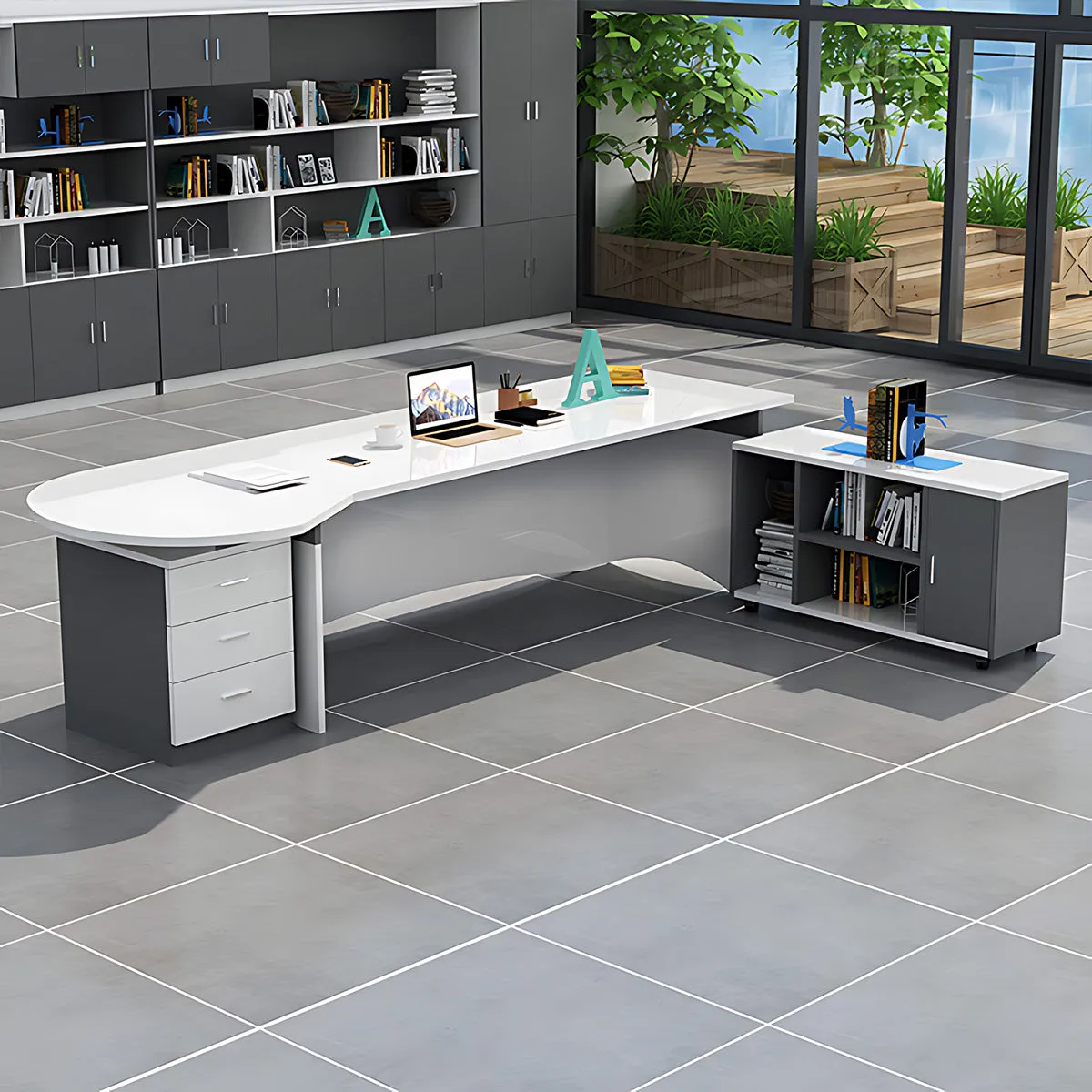 Executive Desk with 3 Drawers and Rounded Corners Design