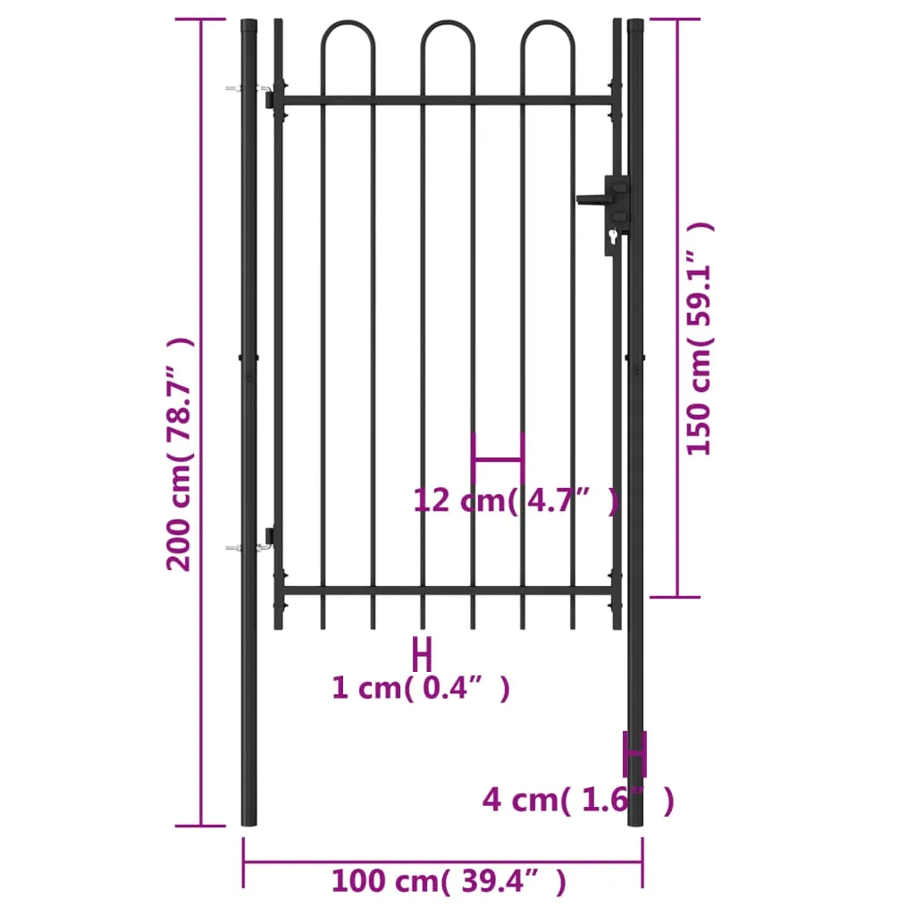 Fence Gate Single Door with Arched Top Steel 1x1.5 m Black