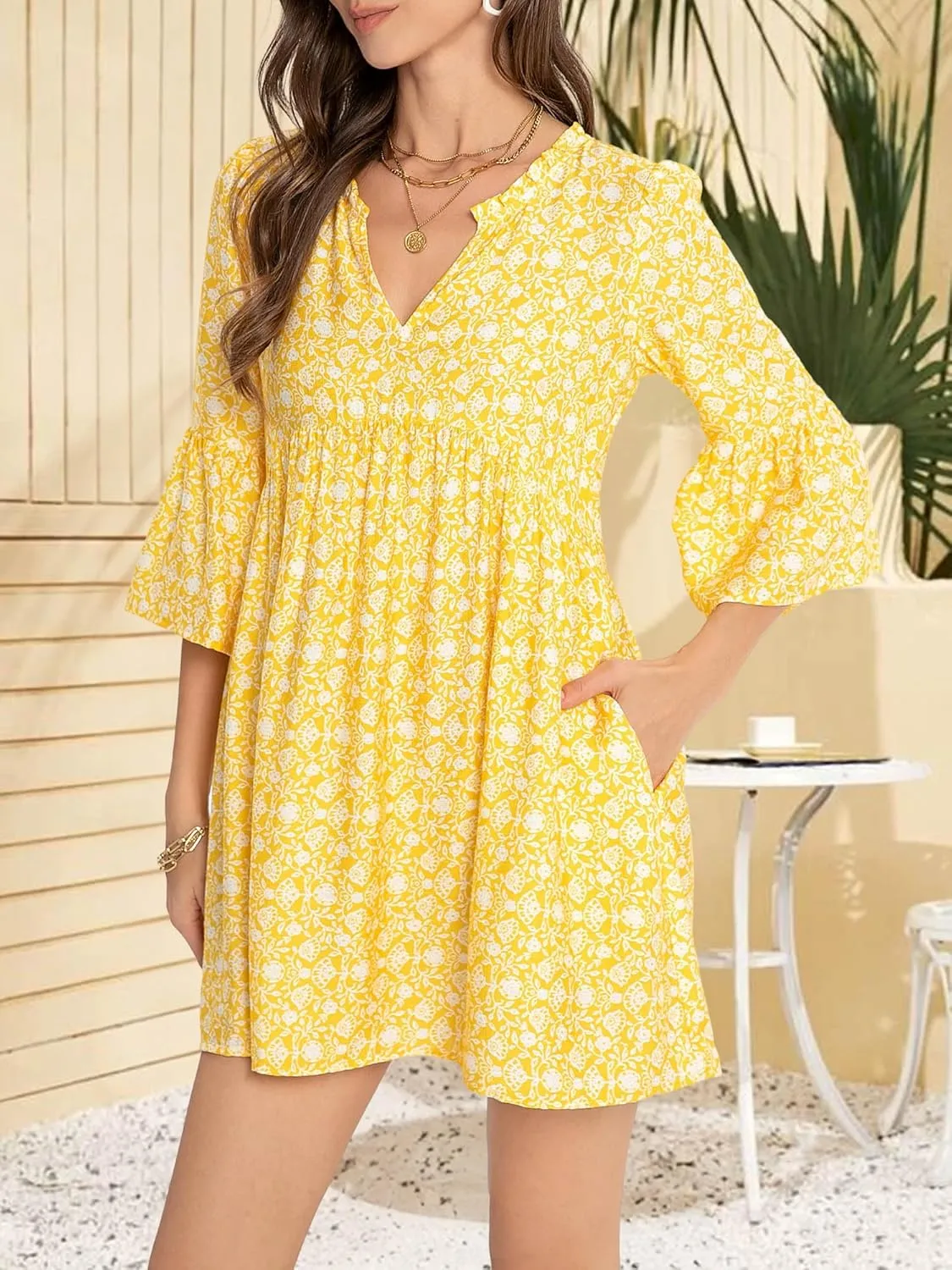 FENSACE Women Summer Boho Dress 2025 Casual V Neck Babydoll Ruffle Sleeve Floral Mini Tunic Petite Sundress