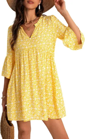 FENSACE Women Summer Boho Dress 2025 Casual V Neck Babydoll Ruffle Sleeve Floral Mini Tunic Petite Sundress