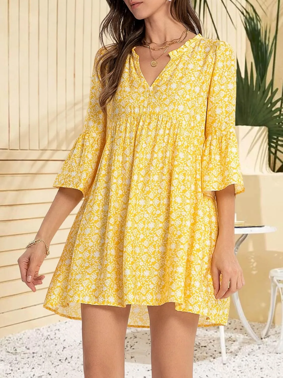 FENSACE Women Summer Boho Dress 2025 Casual V Neck Babydoll Ruffle Sleeve Floral Mini Tunic Petite Sundress