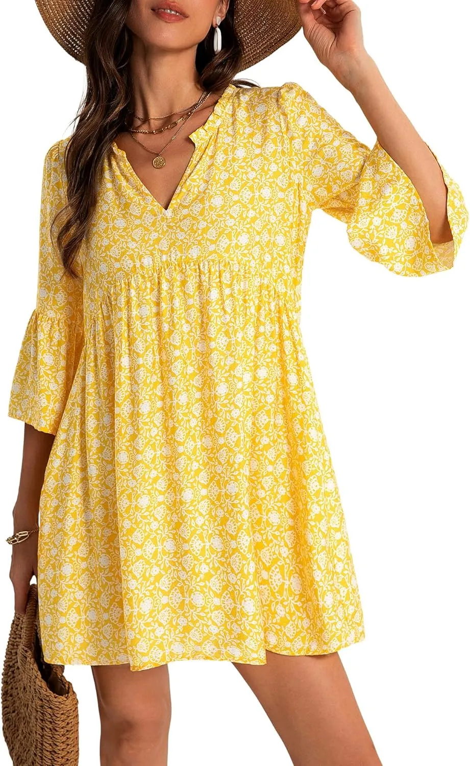 FENSACE Women Summer Boho Dress 2025 Casual V Neck Babydoll Ruffle Sleeve Floral Mini Tunic Petite Sundress