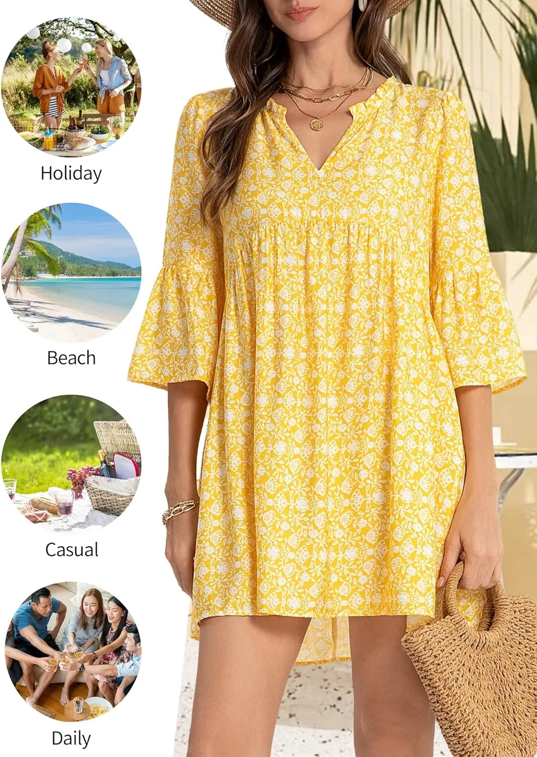 FENSACE Women Summer Boho Dress 2025 Casual V Neck Babydoll Ruffle Sleeve Floral Mini Tunic Petite Sundress
