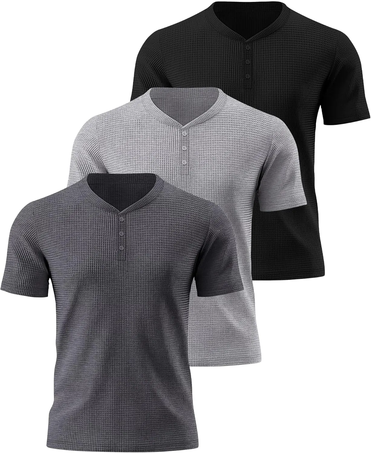 Ficerd 3 Pack Men's Waffle Henley Shirts, Short Sleeve Tees Cotton Summer Casual T-Shirts Knitted Pullover Tops 2025