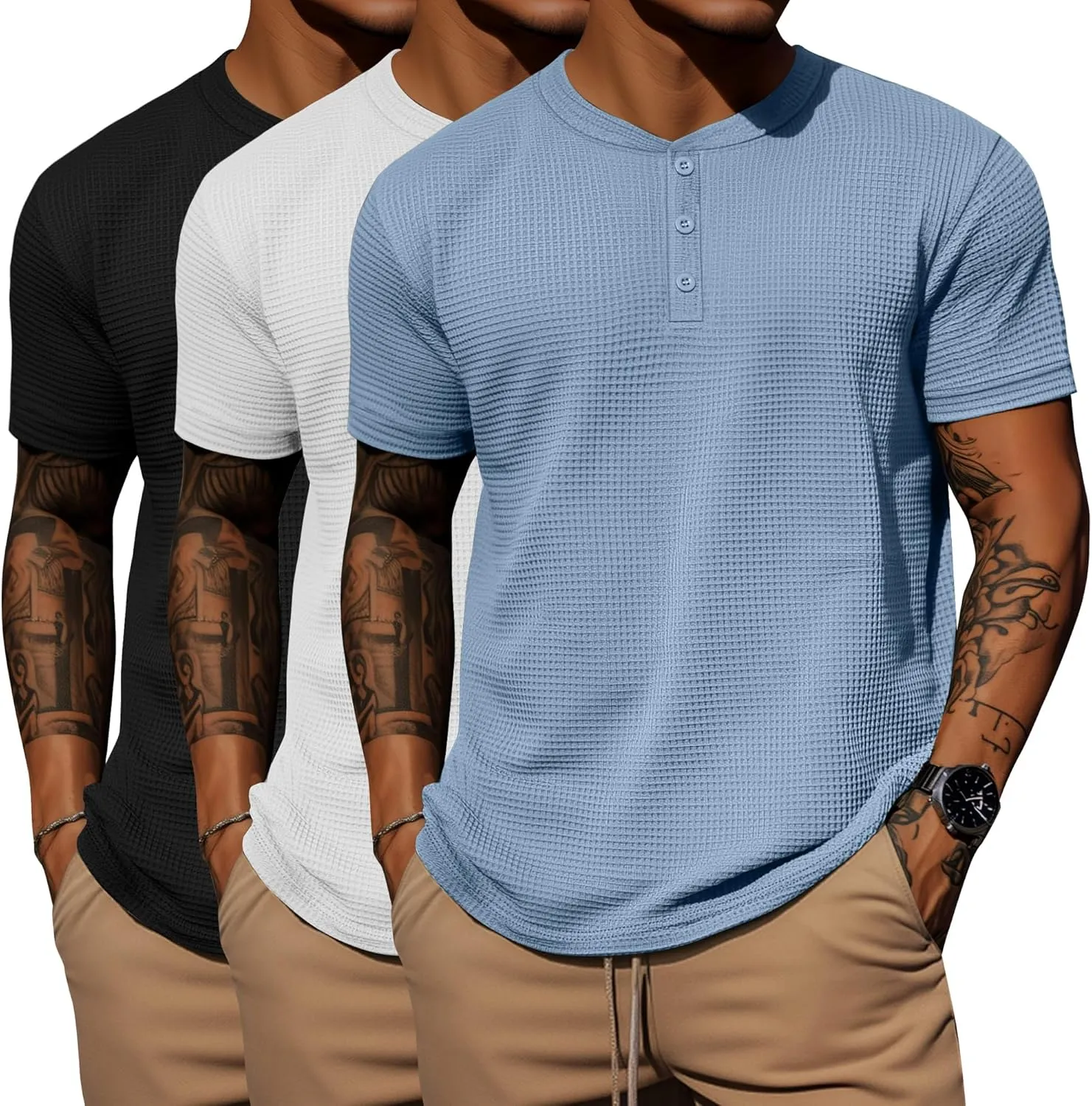Ficerd 3 Pack Men's Waffle Henley Shirts, Short Sleeve Tees Cotton Summer Casual T-Shirts Knitted Pullover Tops 2025