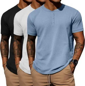 Ficerd 3 Pack Men's Waffle Henley Shirts, Short Sleeve Tees Cotton Summer Casual T-Shirts Knitted Pullover Tops 2025
