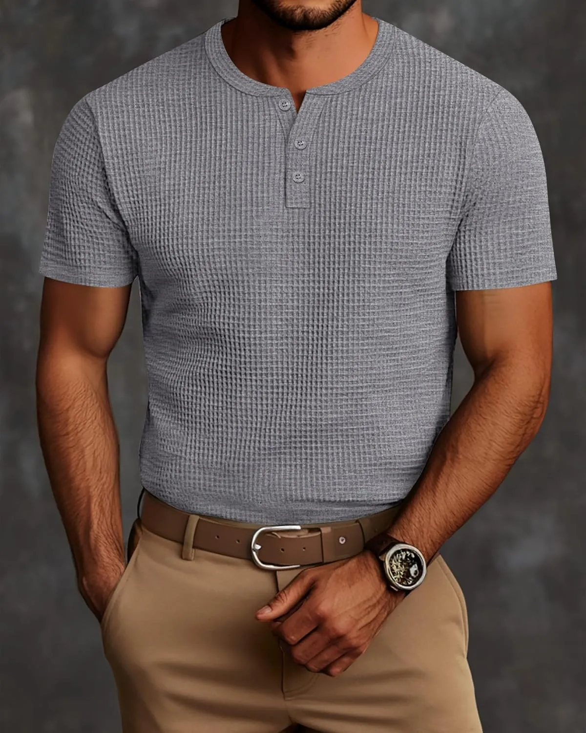 Ficerd 3 Pack Men's Waffle Henley Shirts, Short Sleeve Tees Cotton Summer Casual T-Shirts Knitted Pullover Tops 2025