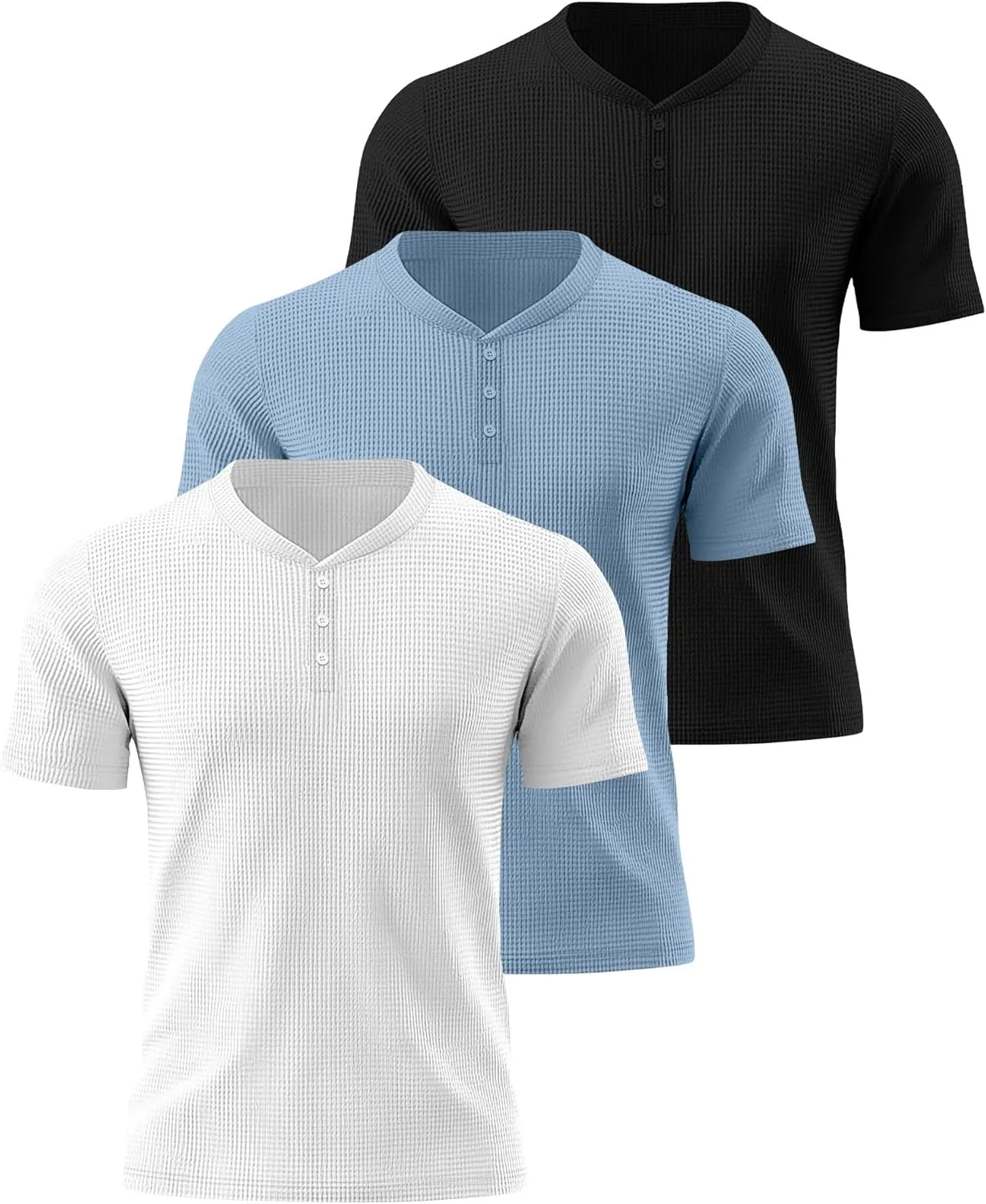 Ficerd 3 Pack Men's Waffle Henley Shirts, Short Sleeve Tees Cotton Summer Casual T-Shirts Knitted Pullover Tops 2025