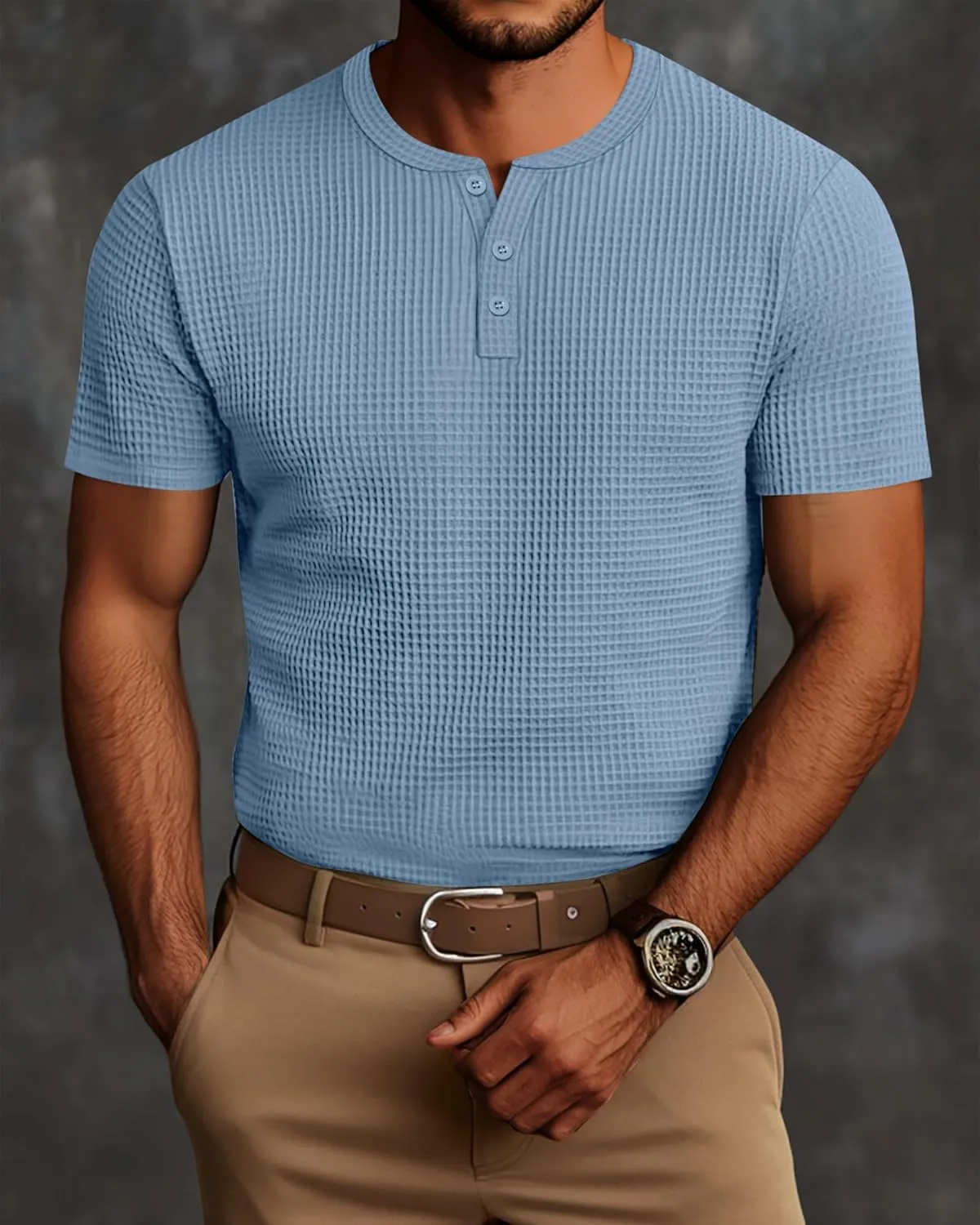 Ficerd 3 Pack Men's Waffle Henley Shirts, Short Sleeve Tees Cotton Summer Casual T-Shirts Knitted Pullover Tops 2025