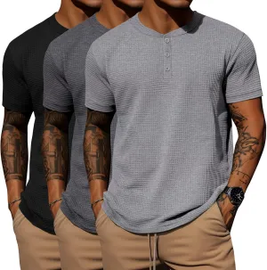 Ficerd 3 Pack Men's Waffle Henley Shirts, Short Sleeve Tees Cotton Summer Casual T-Shirts Knitted Pullover Tops 2025