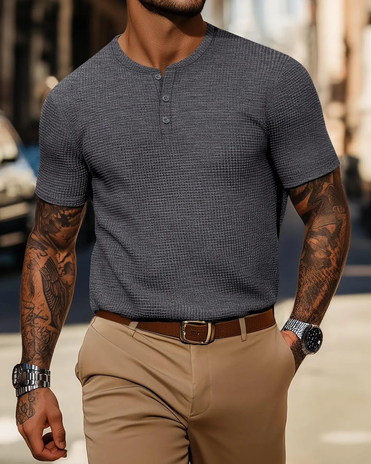 Ficerd 3 Pack Men's Waffle Henley Shirts, Short Sleeve Tees Cotton Summer Casual T-Shirts Knitted Pullover Tops 2025