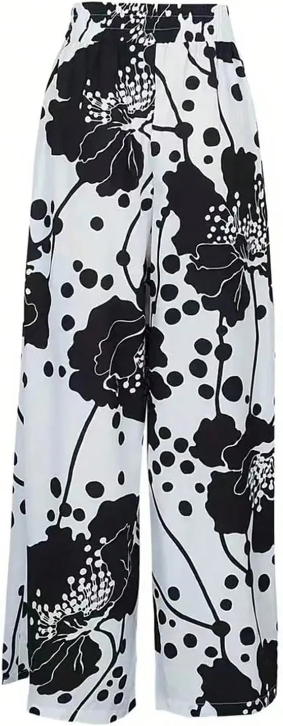 Floerns Women's Plus Size Floral Print Palazzo Pants Wide Leg High Waist Casual Trousers