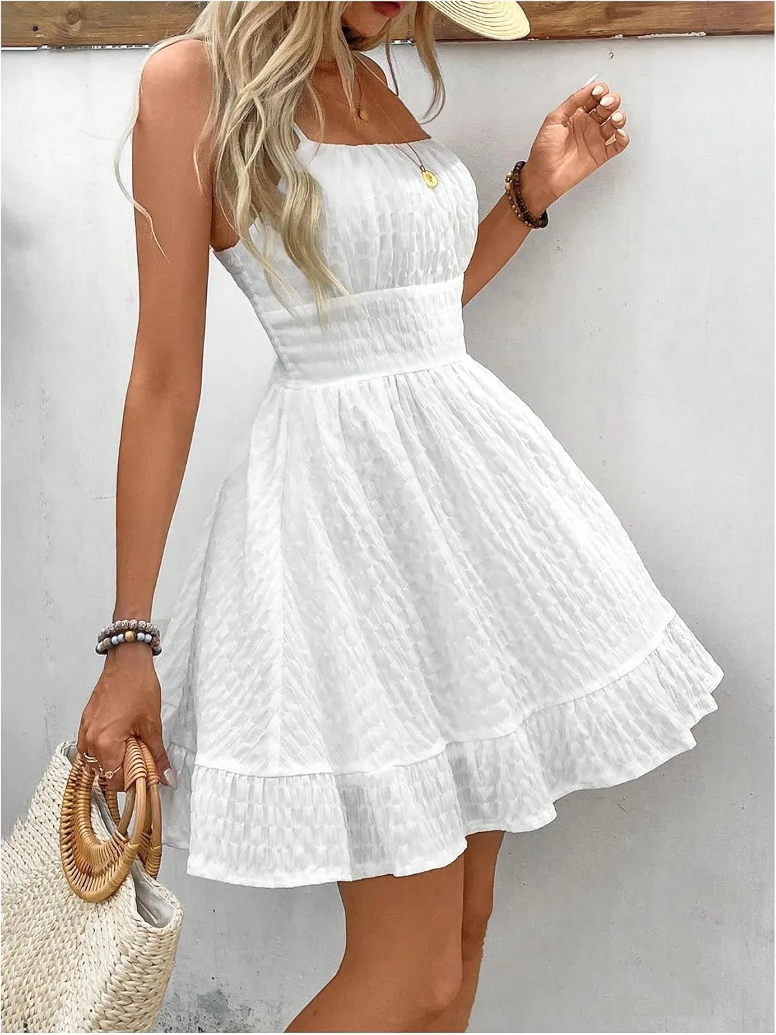 Floerns Women's Sleeveless Backless Tiered Mini Dresses Shirred Textured Cami Dresses
