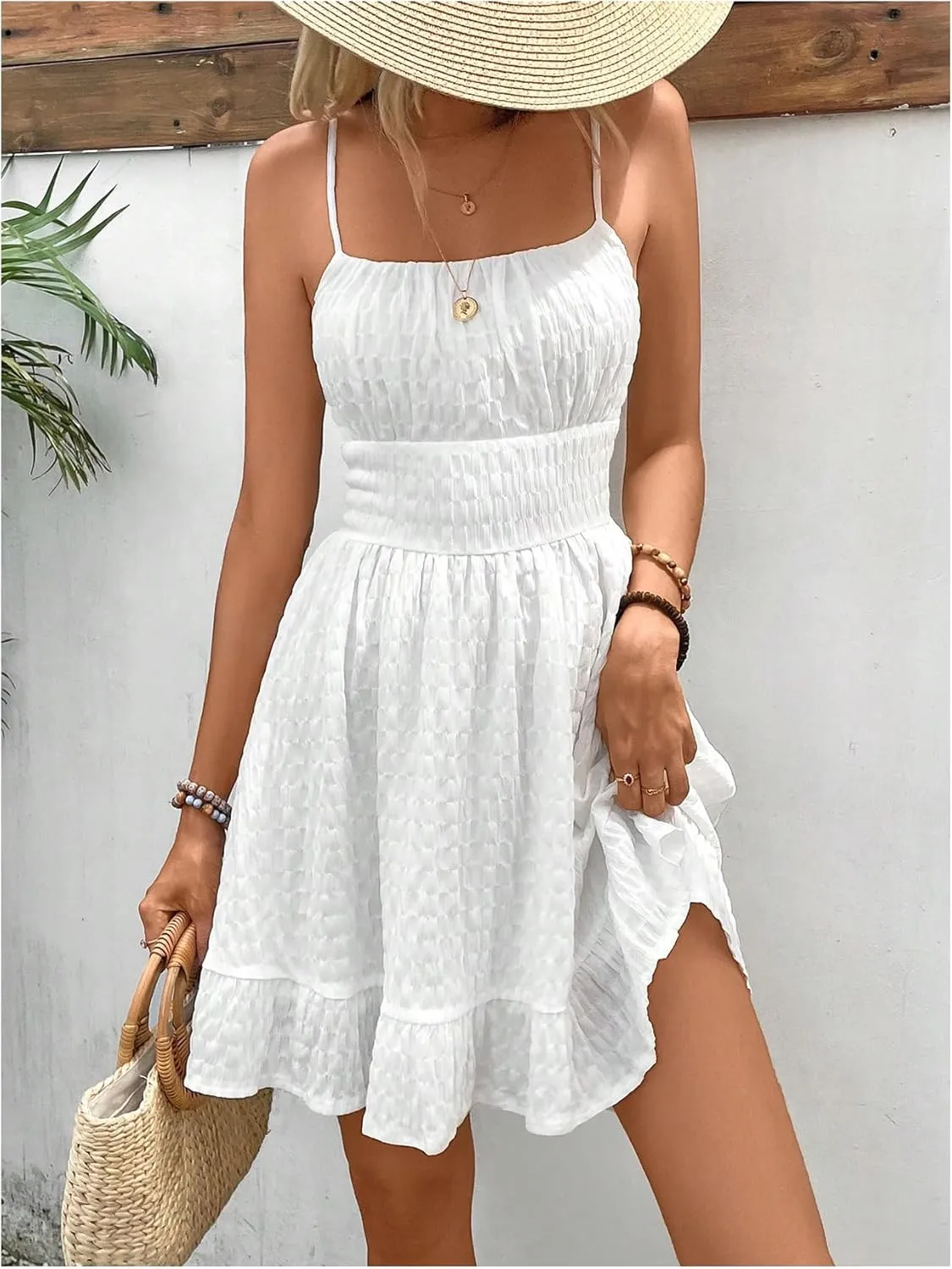 Floerns Women's Sleeveless Backless Tiered Mini Dresses Shirred Textured Cami Dresses