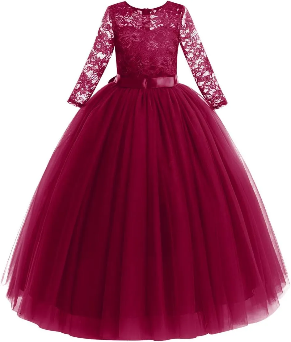 Flower Girls Long Lace Bridesmaid Dress 3/4 Sleeves Floor Length Wedding Party Evening Formal Pegeant Maxi Tulle Ball Gowns