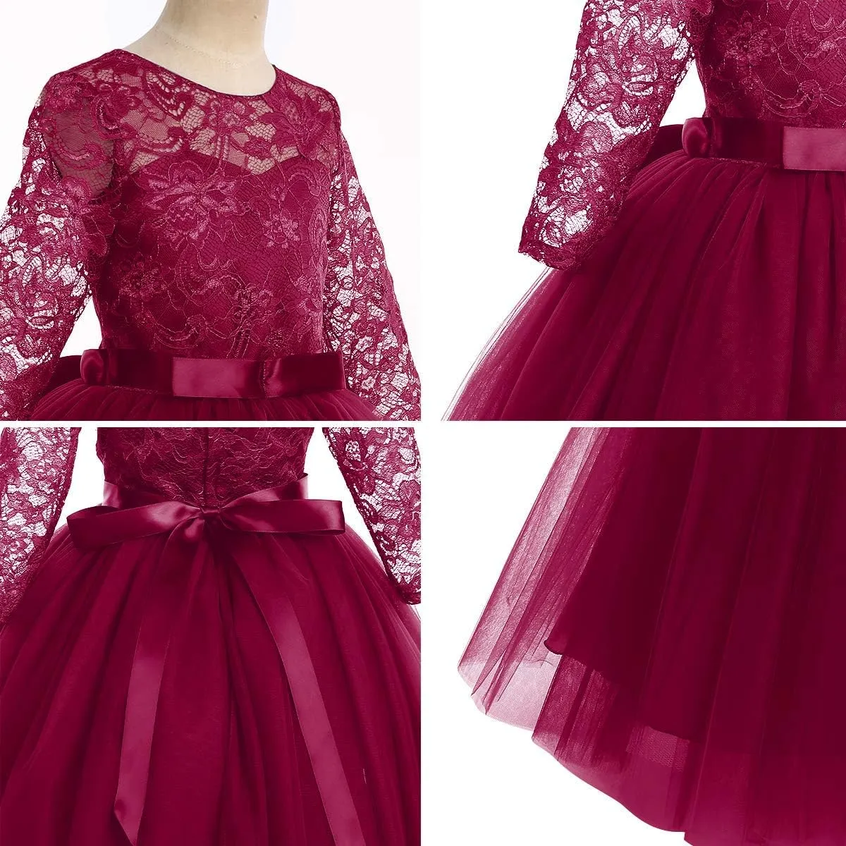 Flower Girls Long Lace Bridesmaid Dress 3/4 Sleeves Floor Length Wedding Party Evening Formal Pegeant Maxi Tulle Ball Gowns