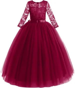 Flower Girls Long Lace Bridesmaid Dress 3/4 Sleeves Floor Length Wedding Party Evening Formal Pegeant Maxi Tulle Ball Gowns