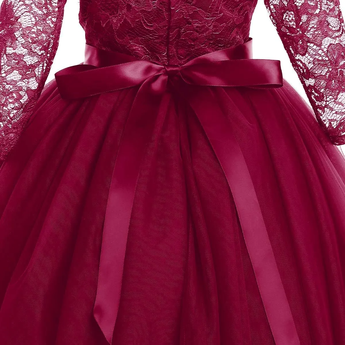 Flower Girls Long Lace Bridesmaid Dress 3/4 Sleeves Floor Length Wedding Party Evening Formal Pegeant Maxi Tulle Ball Gowns