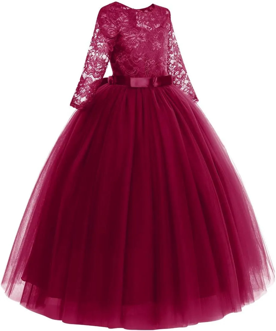 Flower Girls Long Lace Bridesmaid Dress 3/4 Sleeves Floor Length Wedding Party Evening Formal Pegeant Maxi Tulle Ball Gowns