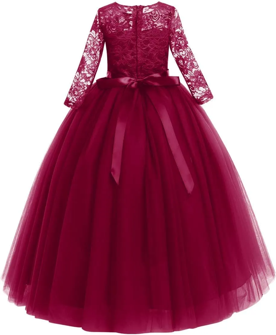 Flower Girls Long Lace Bridesmaid Dress 3/4 Sleeves Floor Length Wedding Party Evening Formal Pegeant Maxi Tulle Ball Gowns