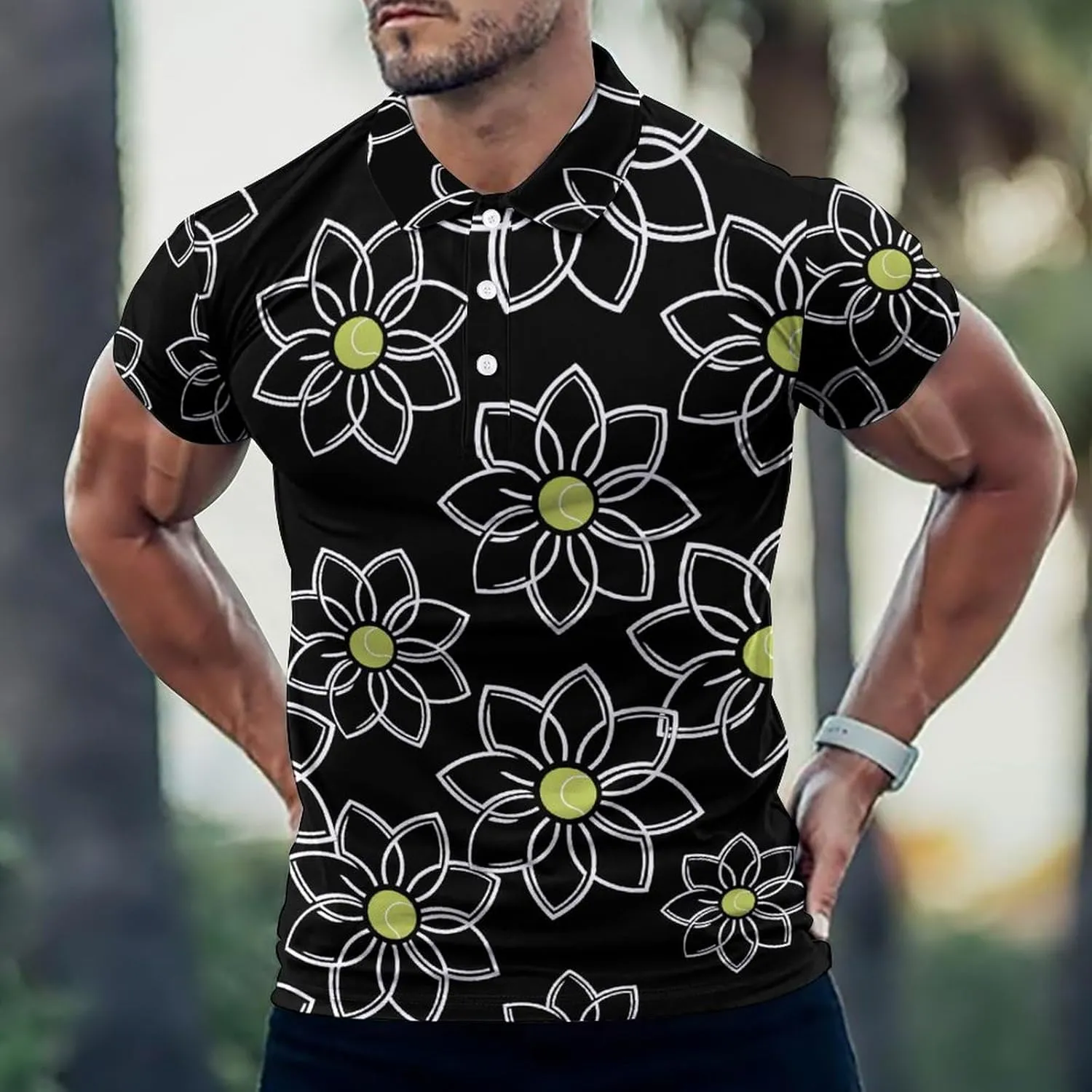 Flower With Tennis Ball Mens Polo Shirts Quick Dry Short Sleeve T-shirts Slim Tennis Collared Tees Tops