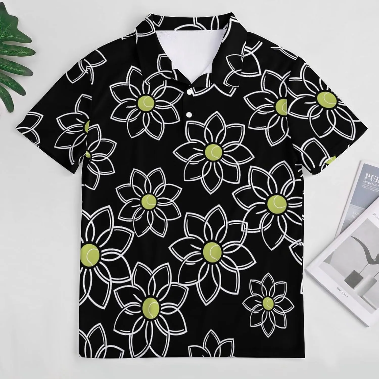 Flower With Tennis Ball Mens Polo Shirts Quick Dry Short Sleeve T-shirts Slim Tennis Collared Tees Tops