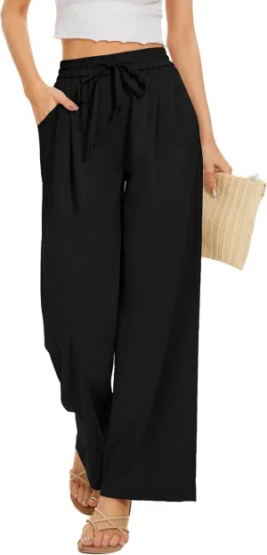 FUNYYZO 2025 Women Summer Pants Drawstring Waist Wide Leg Pants Loose Fit with Pockets Pull On