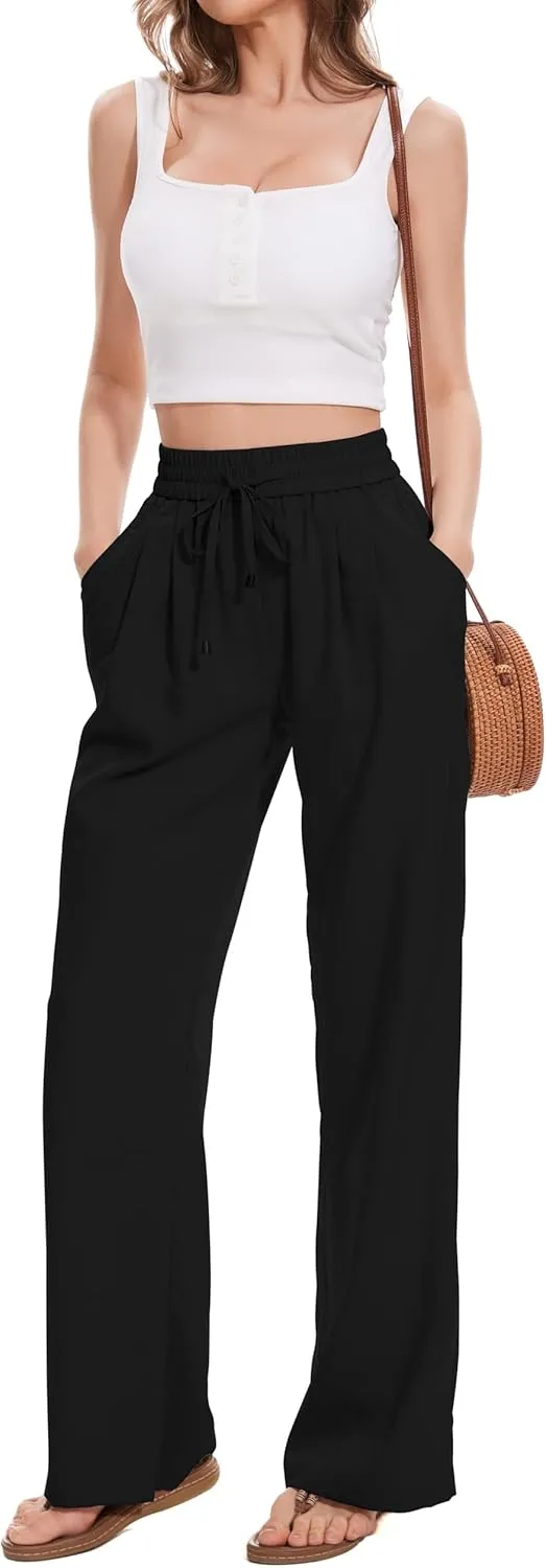 FUNYYZO 2025 Women Summer Pants Drawstring Waist Wide Leg Pants Loose Fit with Pockets Pull On