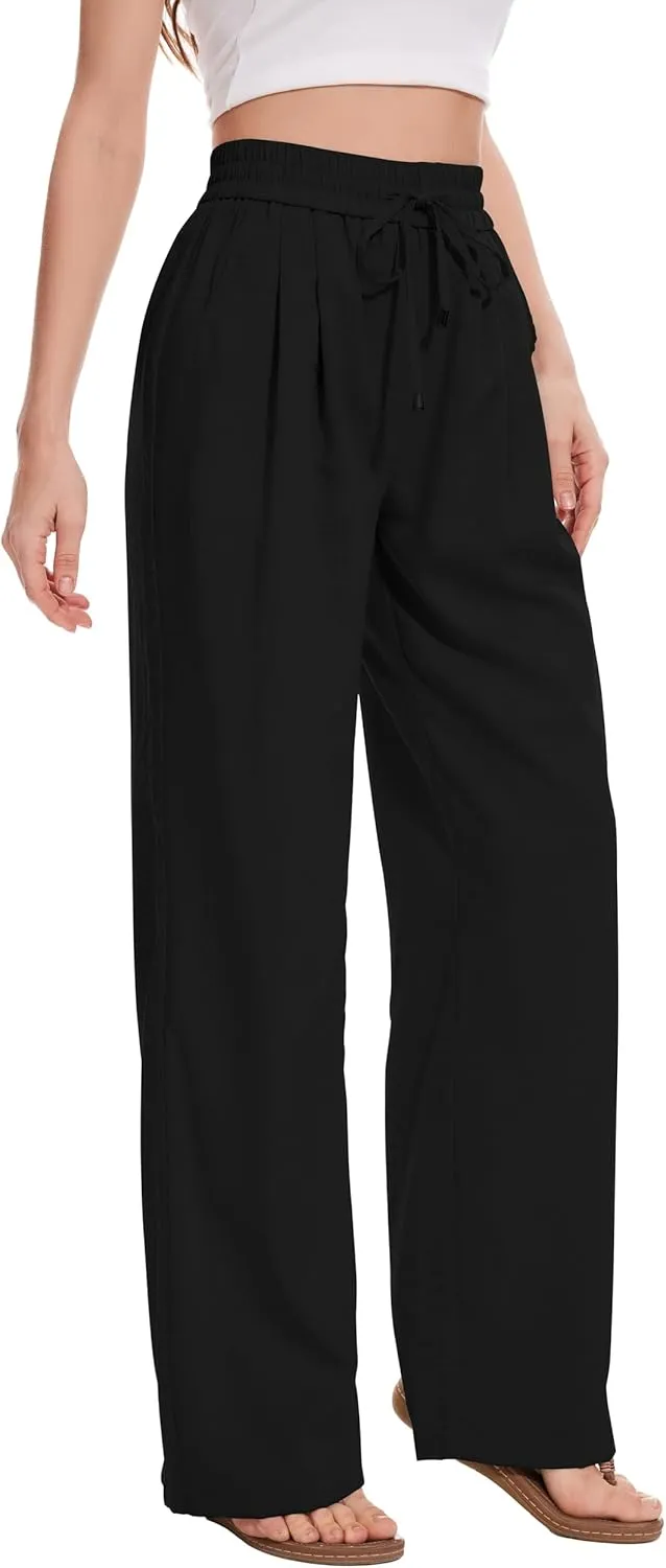 FUNYYZO 2025 Women Summer Pants Drawstring Waist Wide Leg Pants Loose Fit with Pockets Pull On