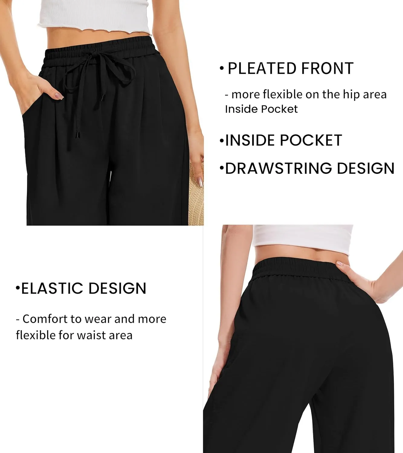 FUNYYZO 2025 Women Summer Pants Drawstring Waist Wide Leg Pants Loose Fit with Pockets Pull On
