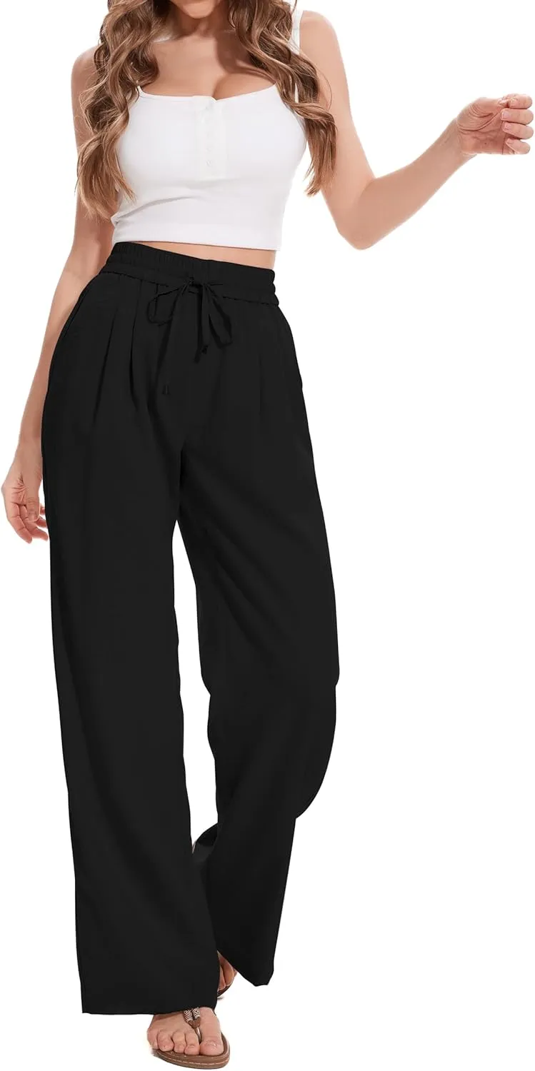 FUNYYZO 2025 Women Summer Pants Drawstring Waist Wide Leg Pants Loose Fit with Pockets Pull On