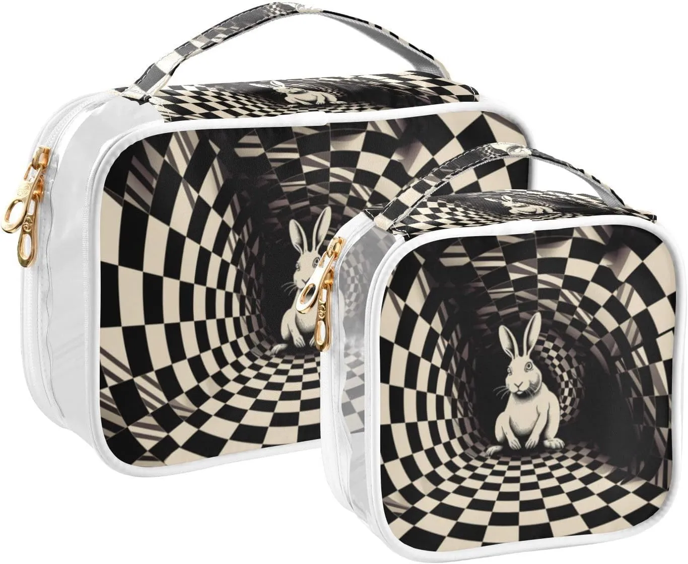 GAIGEO Black White Square Swirl Bunny 2 Pack Clear Makeup Bag Set, Transparent Travel Bag for Toiletries, Clear Cosmetic Bags with Zipper for Travel