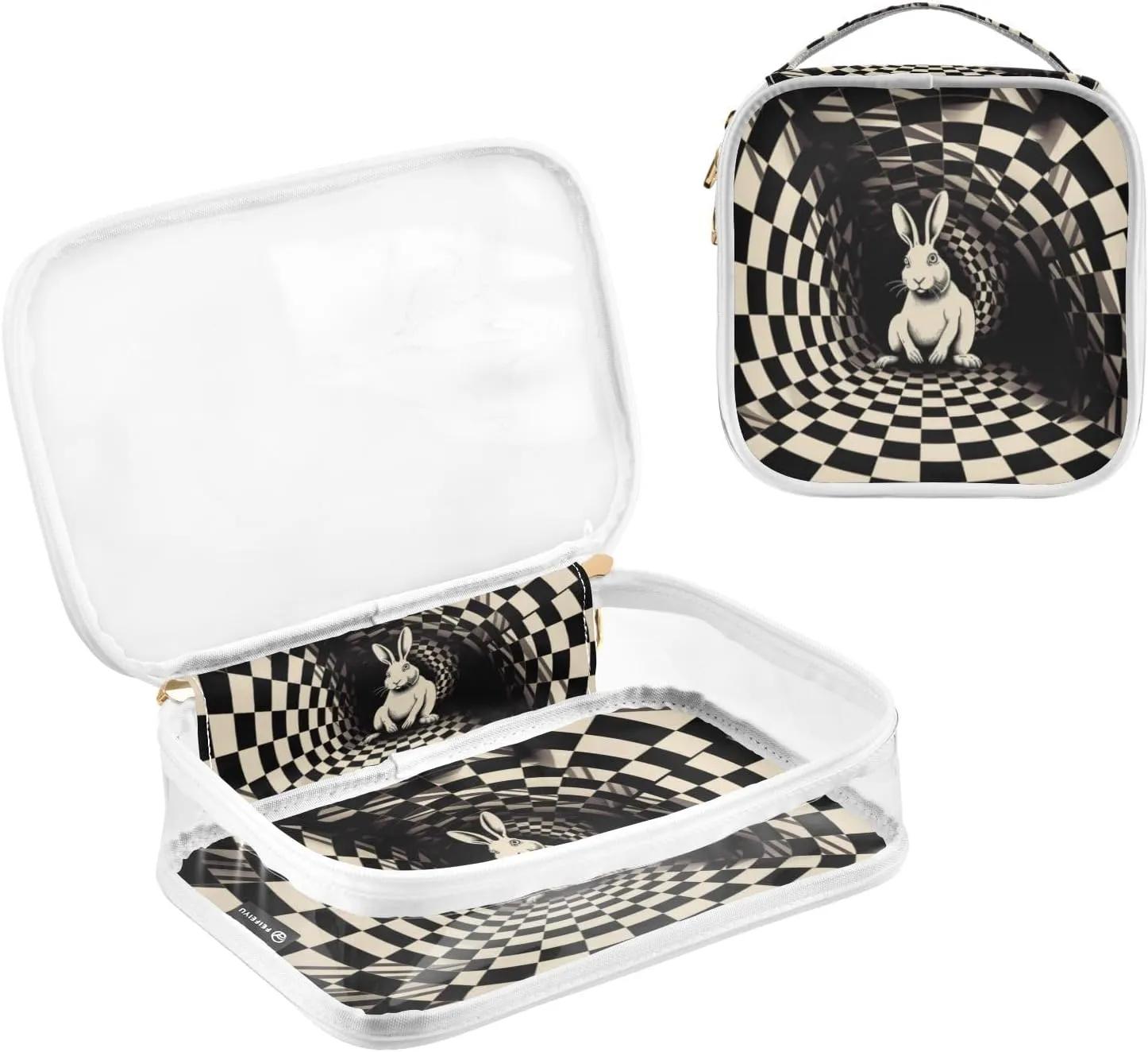 GAIGEO Black White Square Swirl Bunny 2 Pack Clear Makeup Bag Set, Transparent Travel Bag for Toiletries, Clear Cosmetic Bags with Zipper for Travel