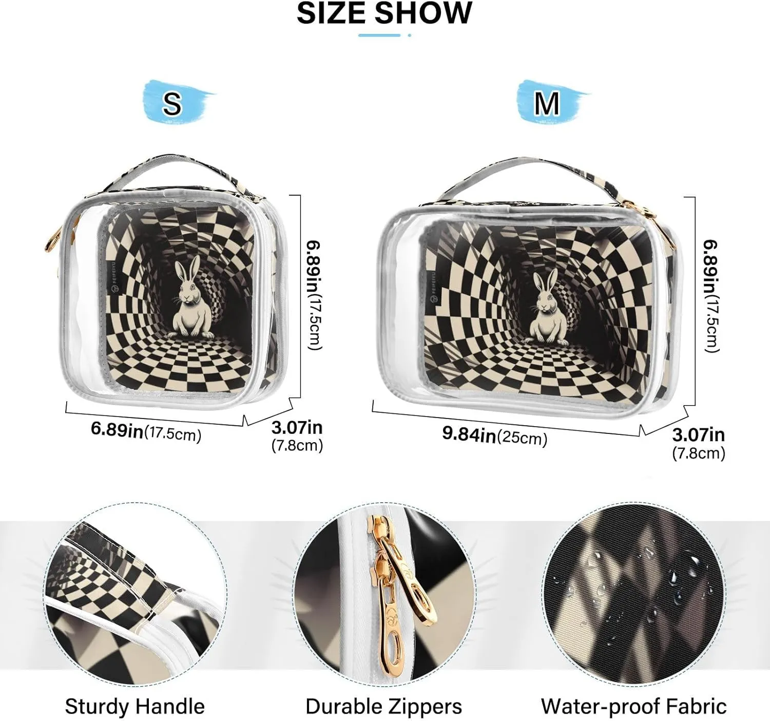 GAIGEO Black White Square Swirl Bunny 2 Pack Clear Makeup Bag Set, Transparent Travel Bag for Toiletries, Clear Cosmetic Bags with Zipper for Travel