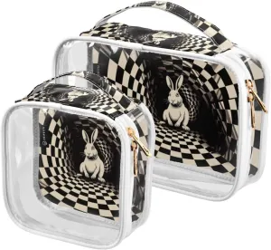 GAIGEO Black White Square Swirl Bunny 2 Pack Clear Makeup Bag Set, Transparent Travel Bag for Toiletries, Clear Cosmetic Bags with Zipper for Travel