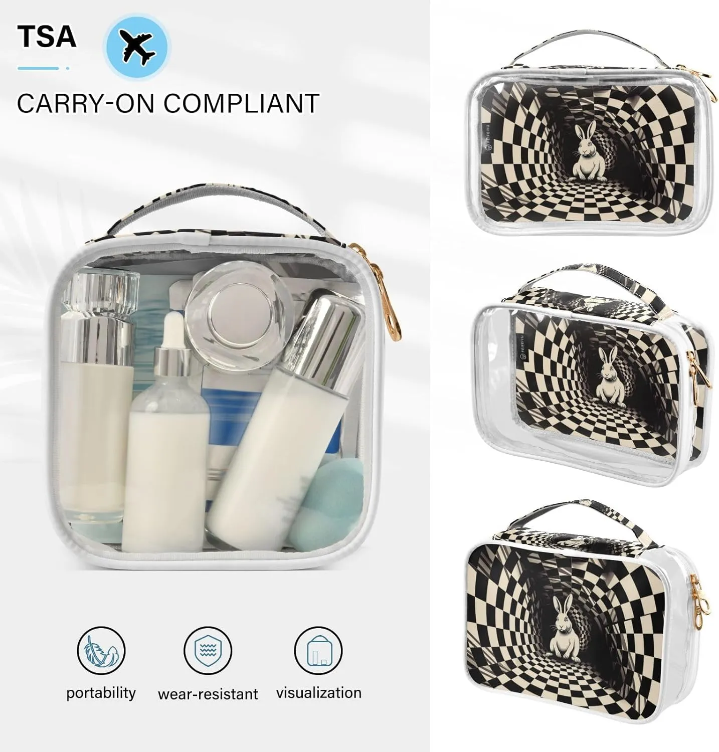 GAIGEO Black White Square Swirl Bunny 2 Pack Clear Makeup Bag Set, Transparent Travel Bag for Toiletries, Clear Cosmetic Bags with Zipper for Travel
