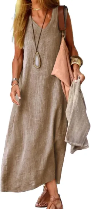 Geleglaer Linen Dresses for Womens Sleeveless Linen Dress Casual Cotton Tank Maxi Dress 2024 Summer Dress