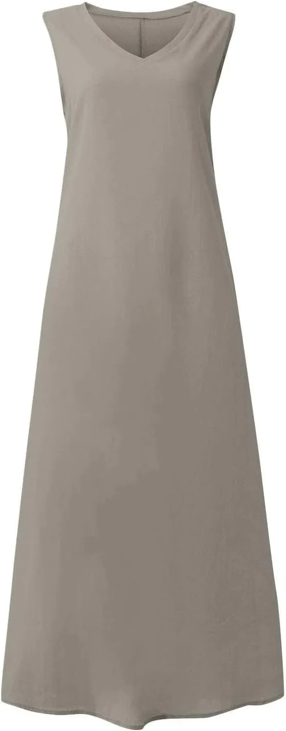 Geleglaer Linen Dresses for Womens Sleeveless Linen Dress Casual Cotton Tank Maxi Dress 2024 Summer Dress