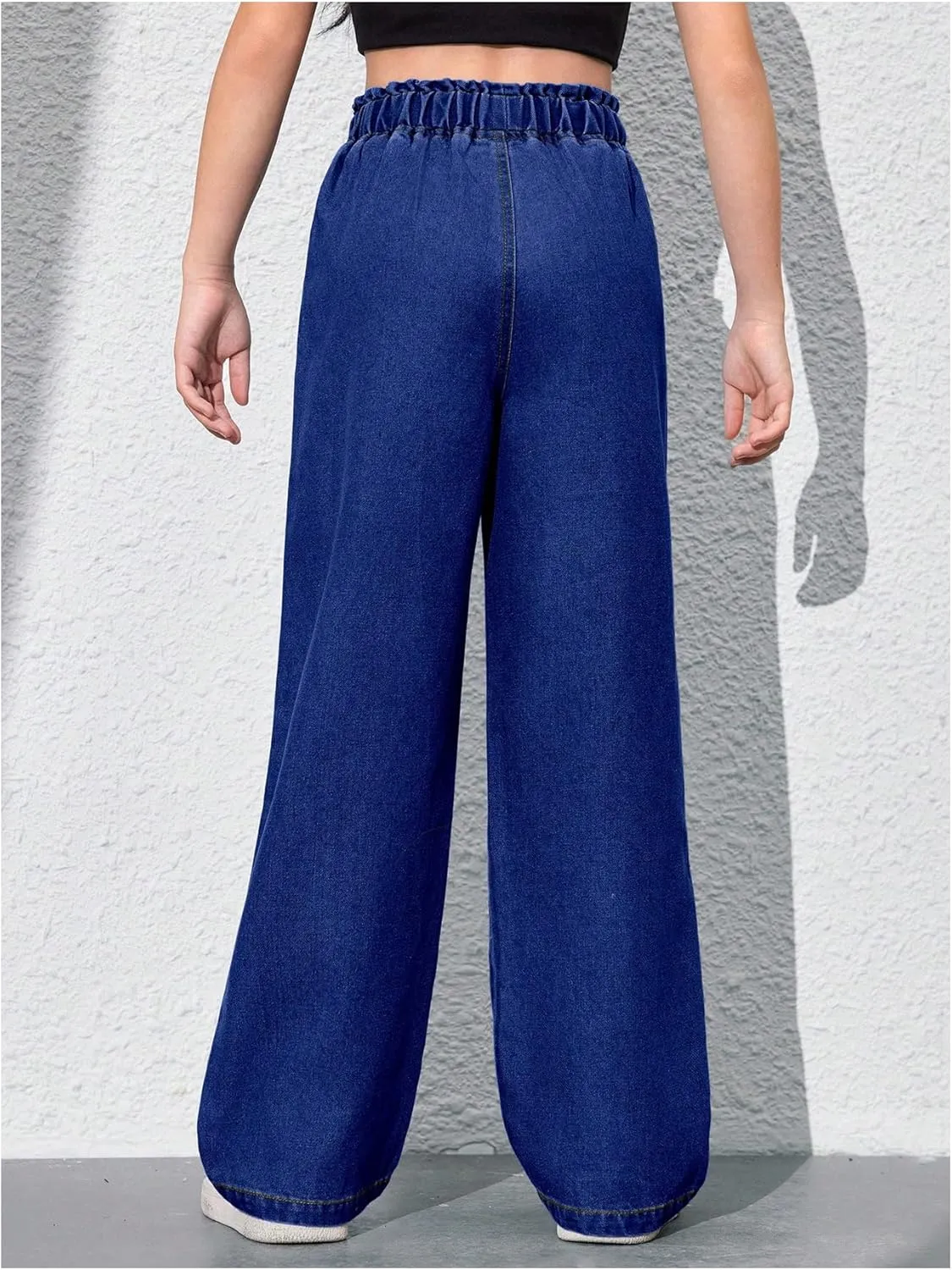 Girl's Drawstring Elastic High Waisted Jeans Straight Leg Denim Pants Casual Jeans with Pockets