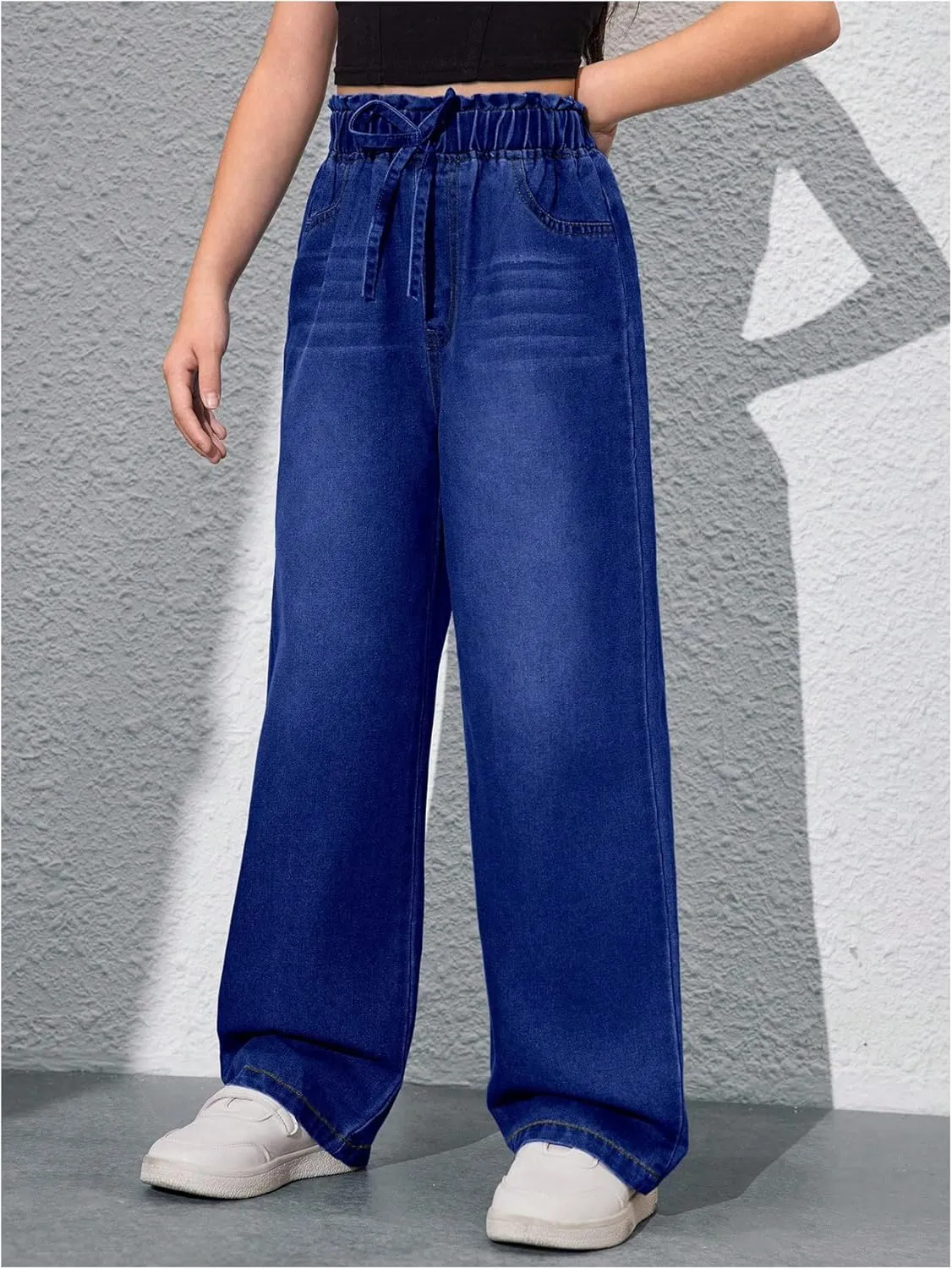 Girl's Drawstring Elastic High Waisted Jeans Straight Leg Denim Pants Casual Jeans with Pockets
