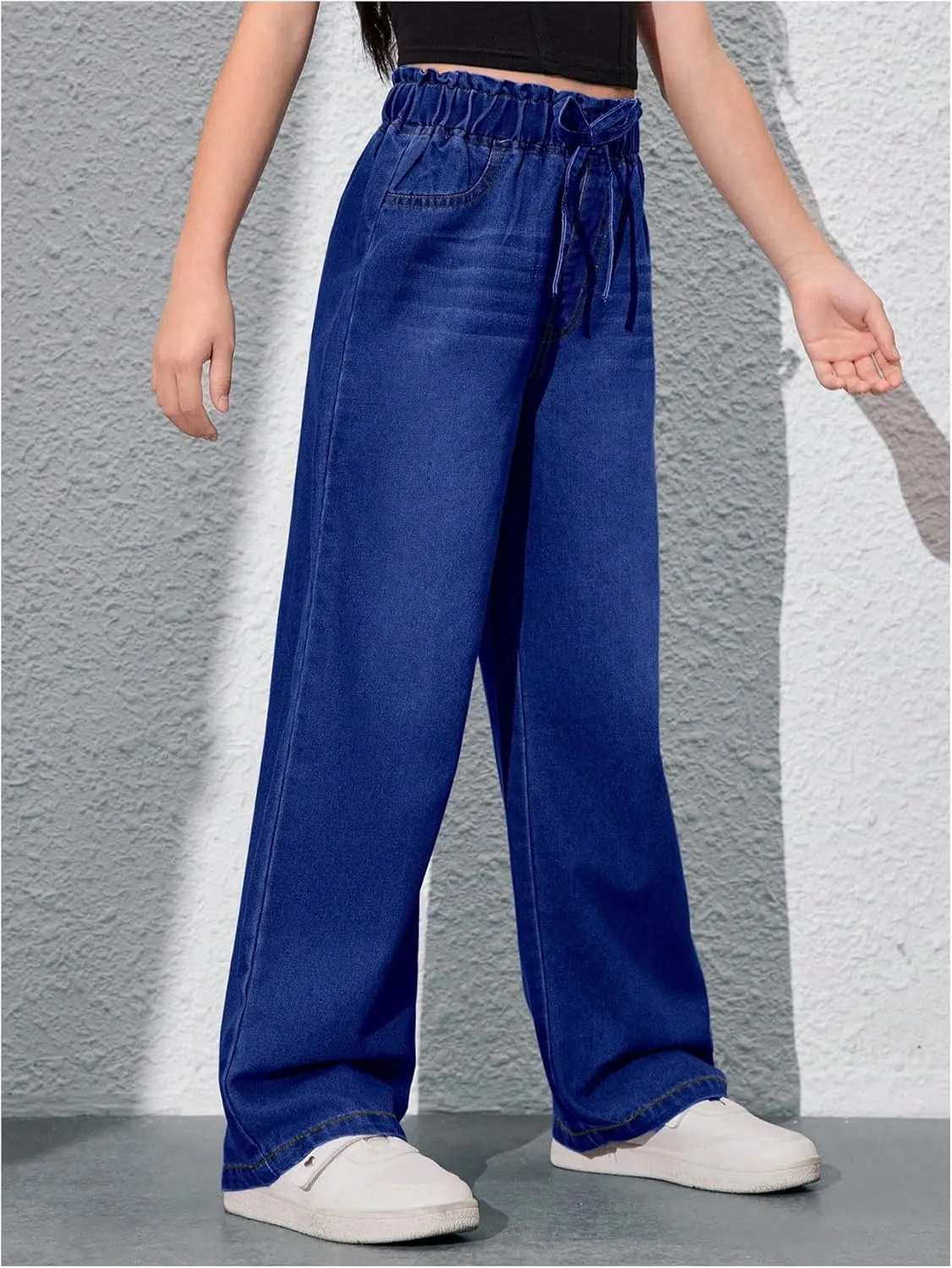 Girl's Drawstring Elastic High Waisted Jeans Straight Leg Denim Pants Casual Jeans with Pockets