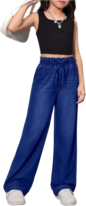 Girl's Drawstring Elastic High Waisted Jeans Straight Leg Denim Pants Casual Jeans with Pockets