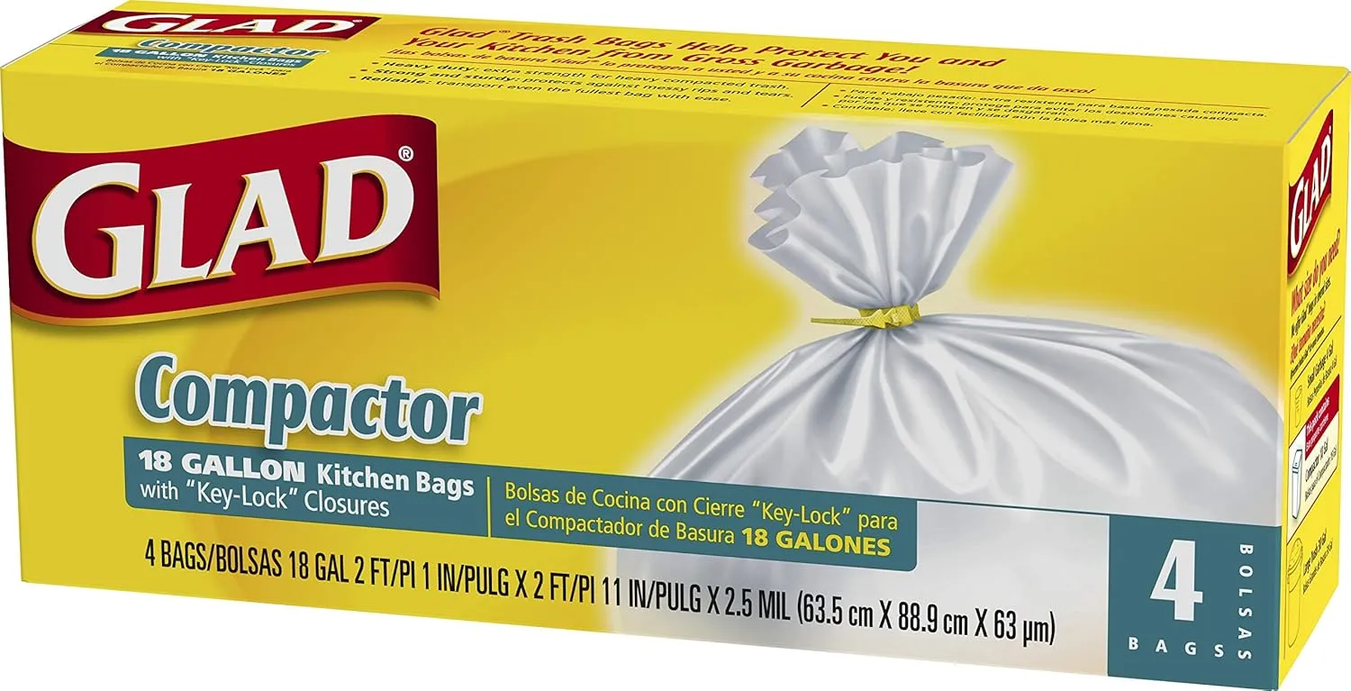 Glad Trash Bags, Compactor Kitchen Garbage Bags - 18 Gallon White Trash Bag - 4 count (Package May Vary)