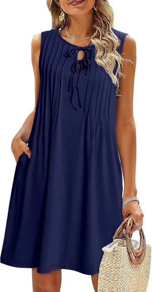 Glamaker Womens Summer Dresses - 2025 Sleeveless Cute Bow Tie Mini Dress Front Pleated Beach Casual Sundresses with Pockets