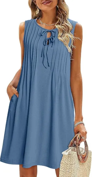 Glamaker Womens Summer Dresses - 2025 Sleeveless Cute Bow Tie Mini Dress Front Pleated Beach Casual Sundresses with Pockets