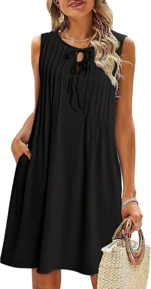 Glamaker Womens Summer Dresses - 2025 Sleeveless Cute Bow Tie Mini Dress Front Pleated Beach Casual Sundresses with Pockets