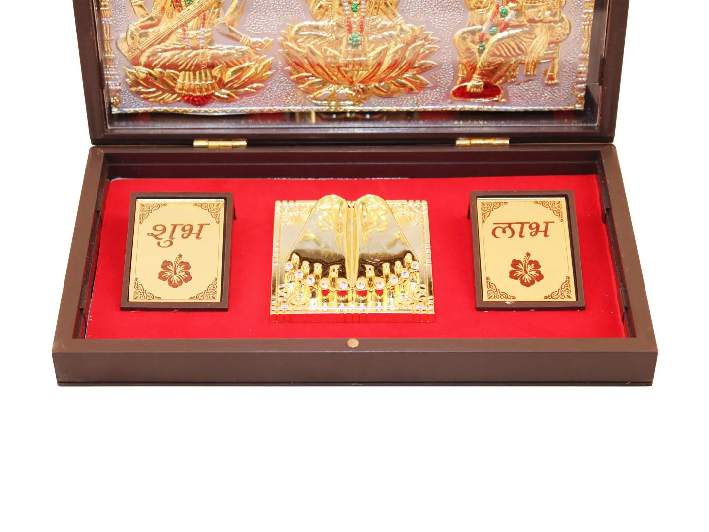 GoldGiftIdeas 24K Gold Plated Lakshmi Ganesha Saraswati Photo Frame with Charan Paduka, LGS Wooden Momento for Return Gift (Shubh Labh Carving), Housewarming Gift