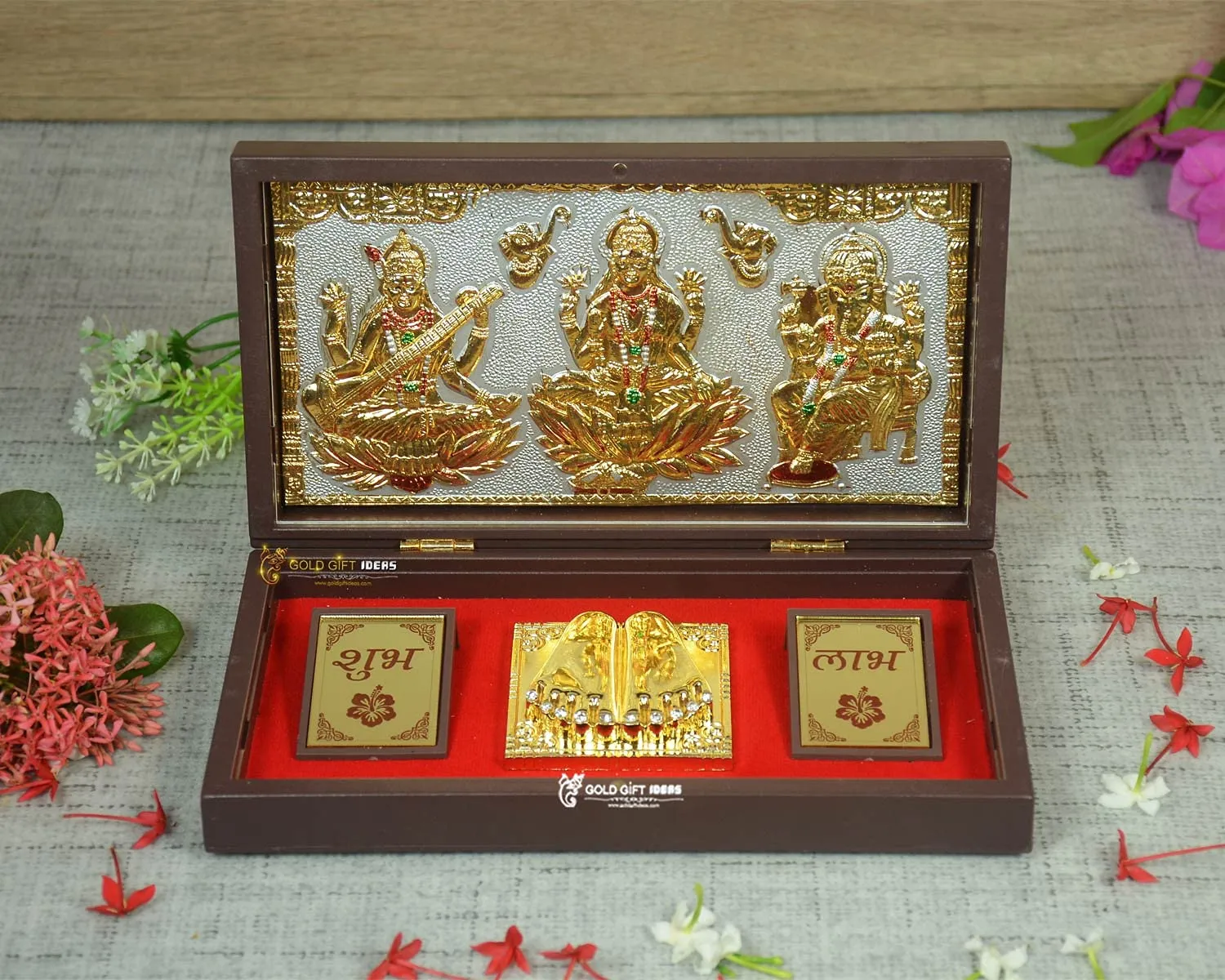 GoldGiftIdeas 24K Gold Plated Lakshmi Ganesha Saraswati Photo Frame with Charan Paduka, LGS Wooden Momento for Return Gift (Shubh Labh Carving), Housewarming Gift